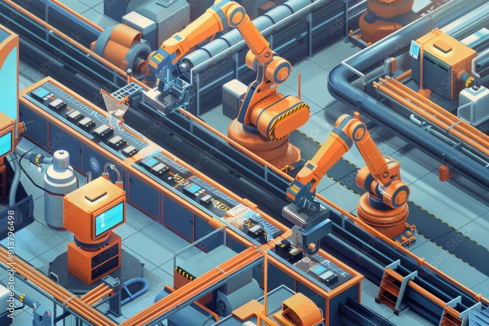 Poster high-tech manufacturing plant with iot-enabled robots demonstrating efficient production processes