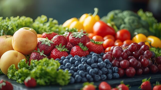 Fruits and vegetables arrayed in vibrant abundance, a testament to nature's colorful bounty.