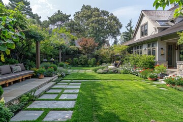 Obraz premium Well-Organized American-Style Backyard Garden with Wooden Seating, Stone Pathways, and Lush Greenery, Featuring a Simple Bench and Flower Beds