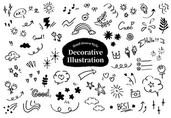 Set of cute pen line doodle element vector. Cartoon style glitter pen line elements. Sparkle line elements decoration symbol set icon. Arrows, heart, stars, flowers, hearts, signs cloud and symbols.