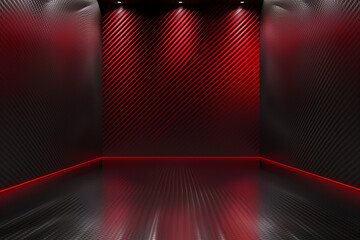 Studio interior with carbon fiber texture. Modern carbon fiber textured red black interior with light. Background for mounting, product placement. Vector background, template, mockup,