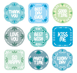 Hand drawn cartoon retro style chat box set. Doodle crayon drawing speech bubble sticker. Cute comics lace dialog quote frame for text. Heart flower shape. Thank Best Good Love Wish Kiss Happy Party