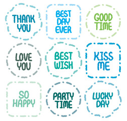 Dotted Out-line Set of cute dialog box vector for text. Doodle style crayon drawn memo frame sticker. Variety shape of speech bubble set. Message balloon. Speech bubbles.Thank Best Good Love Wish Kiss