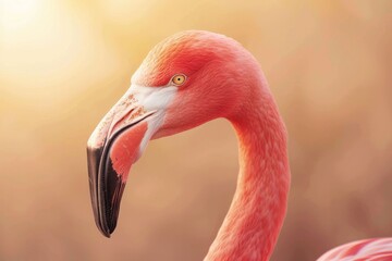 Fototapeta premium Close up portrait of a flamingo with vibrant pink feathers against a soft blurred background