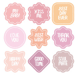Hand drawn cartoon style pink color chat box set. Doodle crayon drawing speech bubble sticker. Cute comics dialog quote frame for text. Thank Best Good Love Wish Kiss Happy Party Lucky Day Time Hand 