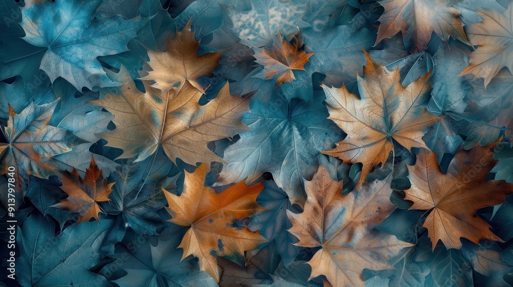 Poster a close-up image of a collection of fall leaves, featuring a variety of teal and brown shades. the l