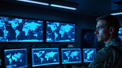 A soldier in a military uniform looks at a computer screen with a map of the world in a dimly lit room.