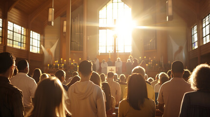 Diverse congregation kneels together in church pews, arms raised in prayer, under stained glass windows.