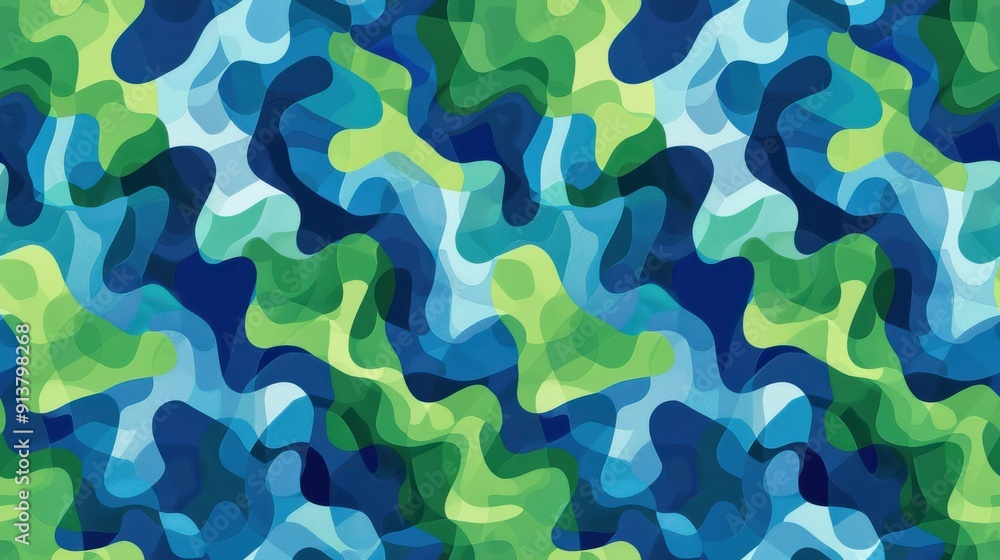 Poster a seamless pattern design featuring swirling abstract shapes in shades of blue, green, and light blu