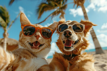 A cat and a dog in funny sunglasses take a selfie on the beach. Humor. Created using artificial intelligence.