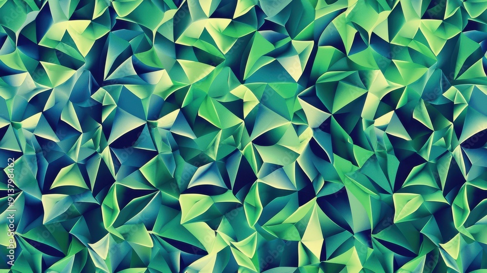 Fototapete A close-up image of a digital pattern made up of many overlapping green and blue triangles. The triangles are arranged in a seemingly random order, creating a unique and visually interesting abstract 