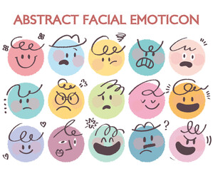 Round abstract faces with various emotions set hand drawn style. Crayon drawing style emoticons collection. Different colored avatar. flat design, hand drawn fashion vector illustration emotional.