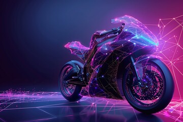 Polygonal wireframe mesh futuristic motorcycle concept sign on dark background.