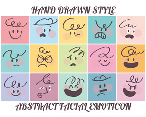 Square abstract faces with various emotions set hand drawn style. Crayon drawing style emoticons collection. Different colored avatar. flat design, hand drawn fashion vector illustration emotional.