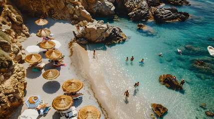 Fototapeta premium Friends enjoying a sunny beach day, lounging together on the sand under a clear blue sky.