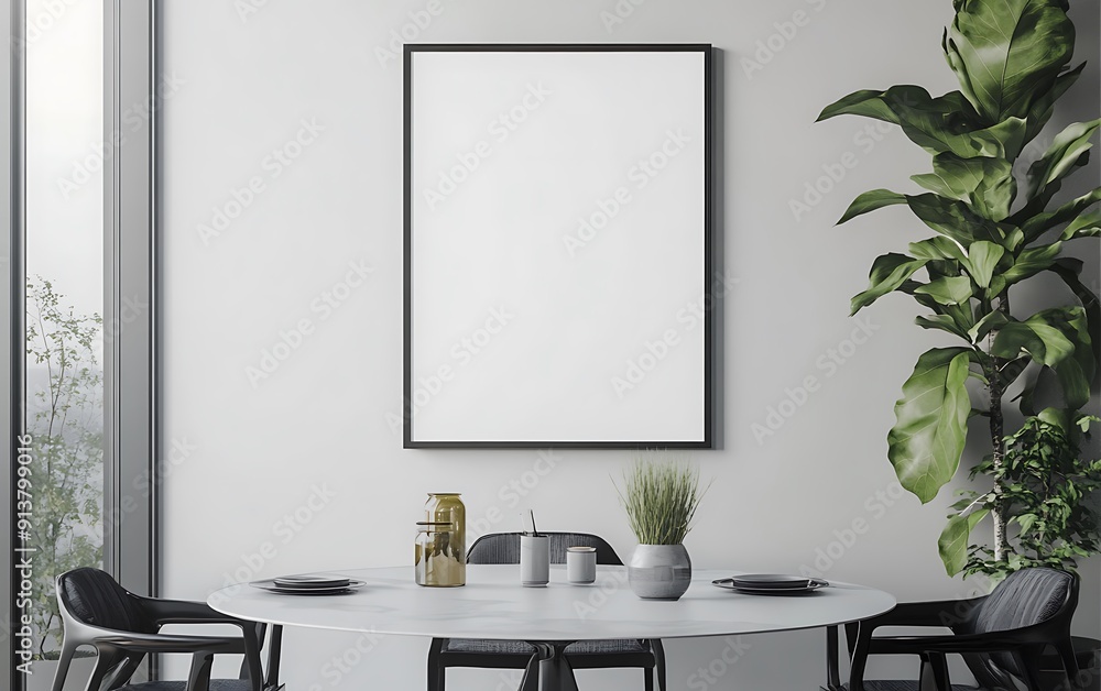 Poster closeup minimalist mockup frame on table in modern dining room