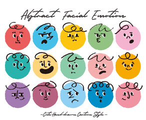 Abstract flat face with variety cute and funny facial expression set. Cartoon doodle style round character emotion. Comic colorful happy, calm, worry, angry, anxiety, smile face with line draw hair
