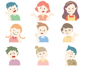 Hand drawn style stylish character avatar. Colorful crayon drawn people profile with variety facial emotions. Set of out line style kids face expression. Flat abstract line drawing style head vector.