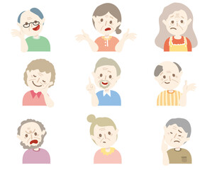 Comic style elder people character avatar. Colorful hand drawn ole people profile with variety facial emotions chat. 
Old senior face expression. Flat abstract line drawing style head vector. grand