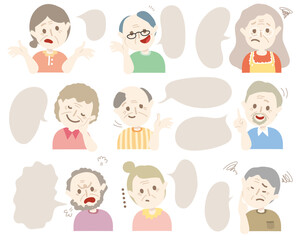 Set of comic style elder people avatars characters with chat box. Vector profile for social media with dialog bubble.Old senior avatar collection.Hand draw style people message cloud.Variety emoticon 