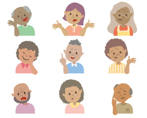 Hand drawn style old senior black character avatar. Comic African drawn people profile with variety facial emotions. Elder people face expression. Flat abstract line drawing style head vector.