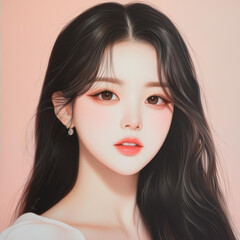 Fototapeta premium A stunning Korean girl with a hyperrealistic, beautiful face, radiating joy and charm in her girly style.
