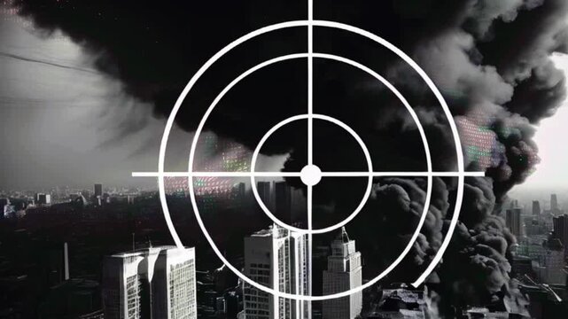 A city skyline with a target superimposed, the target is over a plume of smoke.