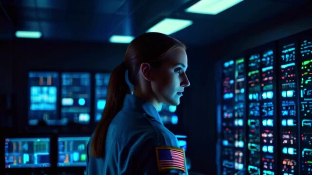 Woman in a dark blue uniform with a US flag patch on her sleeve looking at multiple computer monitors in a dark room.