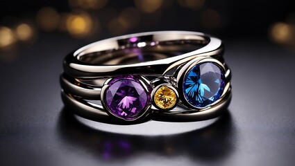 Two gold rings with gemstones, one with blue and purple stones, the other with white and red stones.


