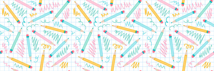 Multicolored pencils with an eraser on white background in cage, vector seamless pattern