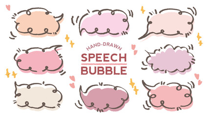 Collection of pink color cute dialog box. Hand drawn with crayon drawing memo sticker. Doodle style chat frame for text. Cartoon conversation balloon. Set of speech bubbles in flat for short message. 