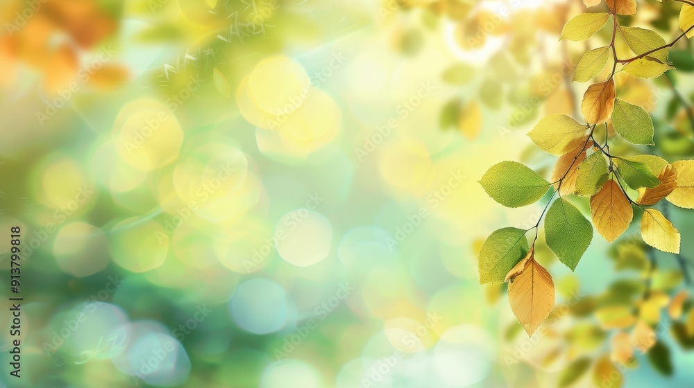 Poster Sunlight filters through the leaves of a tree in a forest, illuminating green and yellow leaves on a branch. The background is blurred, creating a soft and dreamy effect.