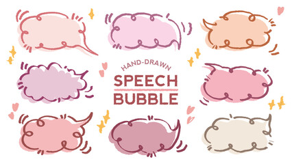 Collection of pink color cute dialog box. Hand drawn with crayon drawing memo sticker. Doodle style chat frame for text. Cartoon conversation balloon. Set of speech bubbles in flat for short message. 
