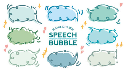 Set of hand drawn style cute memo sticker. Variety abstract shapes of blue speech bubble. Girl style frame with crayon draw. Chat box balloon cloud. Sweet retro label tag collection vector for text