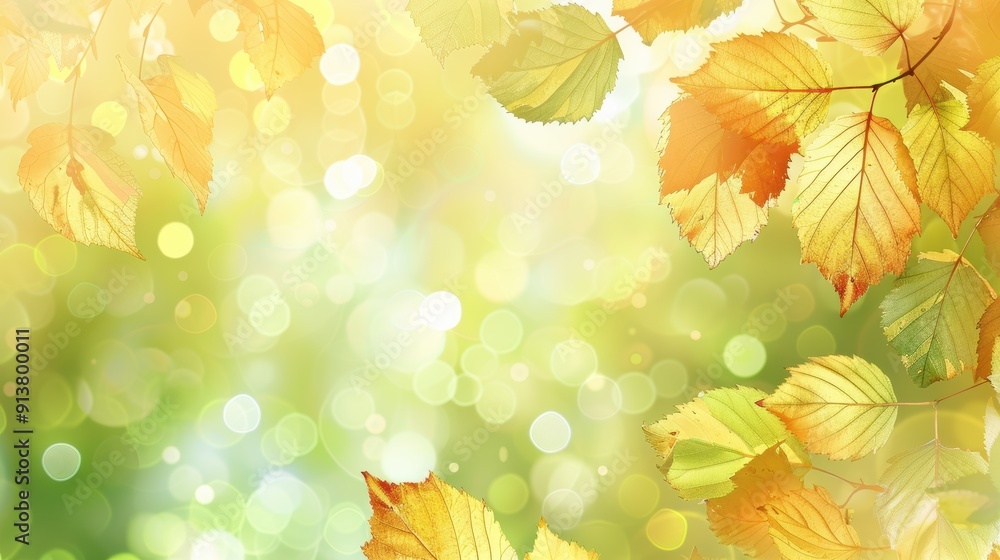 Leinwandbilder a branch with yellow and orange leaves hangs in front of a blurred background of green and yellow hu
