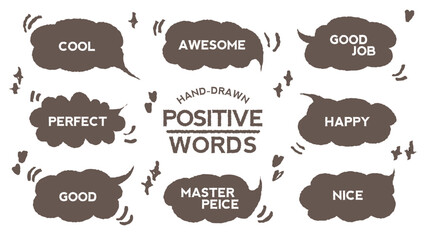 Set of positive words with speech bubble. Compliment phase in variety abstract shape memo box, chat frame. Hand drawn style with crayon cute stickers label praise message. Amazing, Good job, 