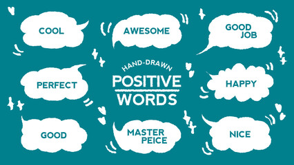 Comic style cute quote colorful speech bubble with positive words. Set of hand drawn memo frame. Cartoon doodle crayon drawing cloud, box, message. Flat vector. Best, Awesome, WOW, Master, Piece, Go