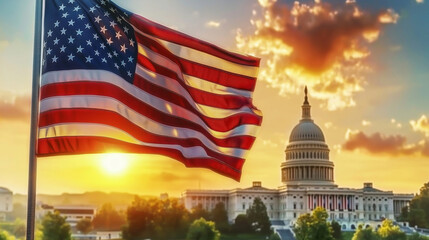 Flying American flag on sunrise sky megapolis background