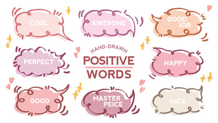 Set of positive words with colorful speech bubble. Compliment phase in variety abstract shape memo box, chat frame. Hand drawn style with crayon cute stickers label praise message. Amazing, Good job, 