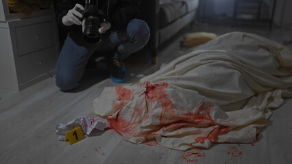 A man photographs a staged indoor crime scene with bloodstained sheets and evidence number.