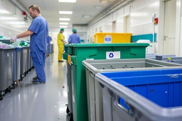 Efficient Hospital Waste Management Area with Clearly Marked Medical Waste Bins for Hygiene and Safety