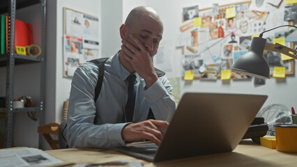 A bald man analyzes evidence on a laptop in a cluttered detective office surrounded by crime photos...