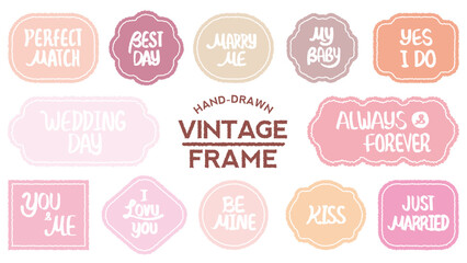 Set of valentine’s Day speech bubbles.Chat frame for lovers.Doodle message or communication text box of romantic colorful word.Love,Sweetie,Miss,Valentine's day.Sticker of lover sweet message.Memo 