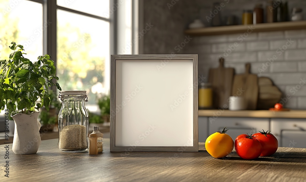 Poster closeup minimalist mockup frame on table in rustic kitchen