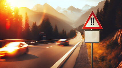 A high-speed highway in a picturesque mountainous area. There is a road sign on the side of the road warning about the speed limit