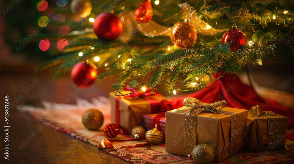 Poster a decorated christmas tree stands in a room at night, glowing with fairy lights. the tree is adorned