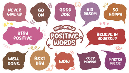 Set of positive words with colorful speech bubble. Compliment phase in variety abstract shape memo box, chat frame. Hand drawn style with crayon cute stickers label praise message. believe, moving on