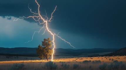 Lightning Striking a Lone Tree in a Field