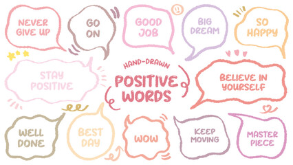 Set of positive words with colorful speech bubble. Compliment phase in variety abstract shape memo box, chat frame. Hand drawn style with crayon cute stickers label praise message. believe, moving on