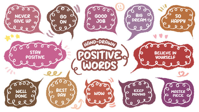 Set of positive words with colorful speech bubble. Compliment phase in variety abstract shape memo box, chat frame. Hand drawn style with crayon cute stickers label praise message. believe, moving on